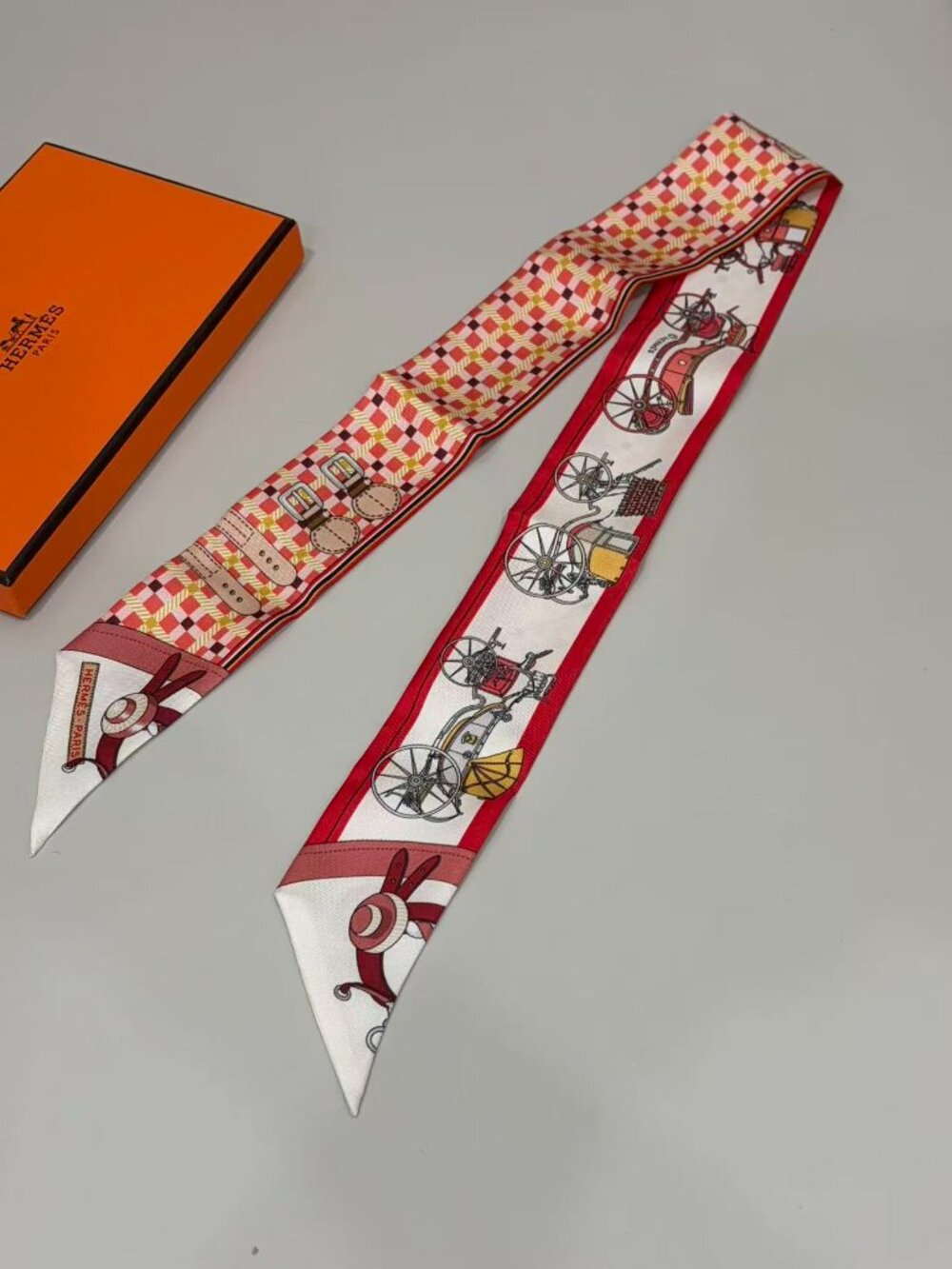 Hermès Red Carriage Print Silk Twilly Scarf